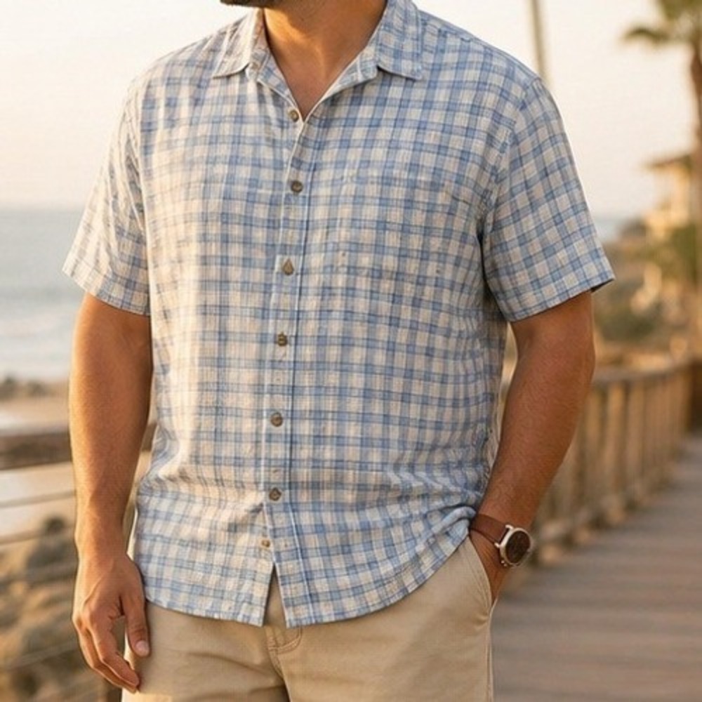 Camp Shirt Coastal Button Up Blue Plaid Cotton Mens XL Island Force Brand